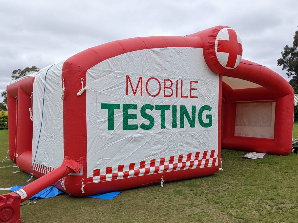 The mobile vaccination shelters can be printed in any colour with logos for easy identification and sponsorship recognition.
