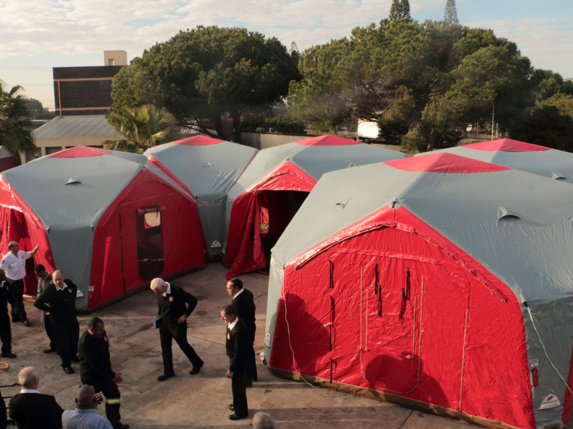 These X-frame emergency shelters are being used as mobile command centres.