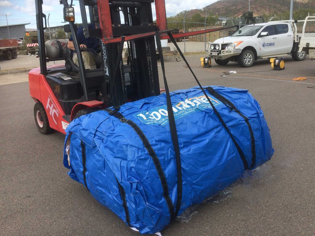 The fully transportable shelter fits on a single pallet when not in use and can fit on the back of a ute.