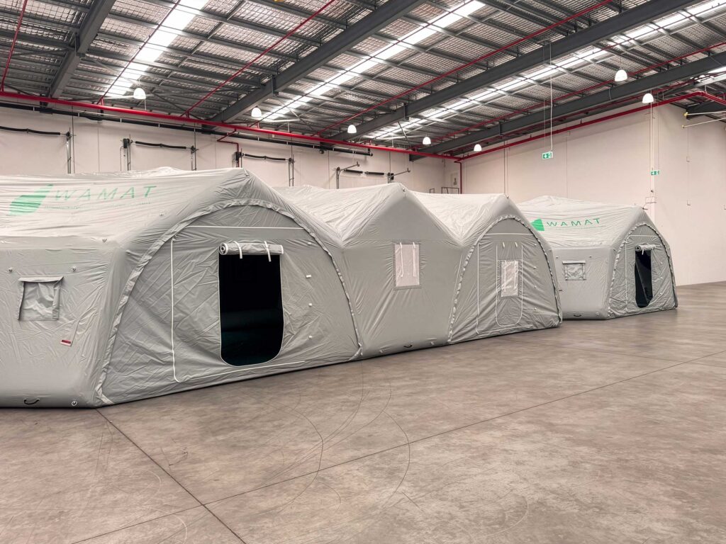 The three shelter modules connect end-to-end using a zip-and-seal system to form a single, weatherproof EMT Type 1 field hospital.